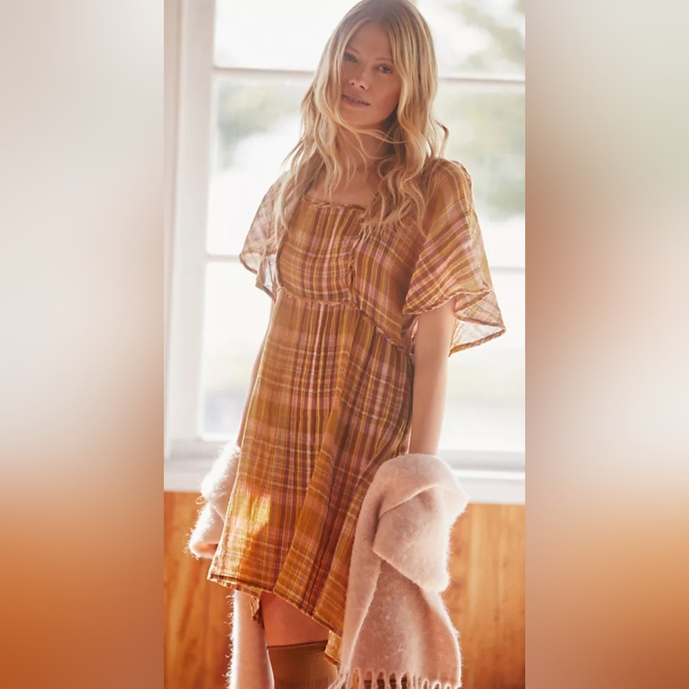 Anthropologie Gauzy Plaid Mini Dress